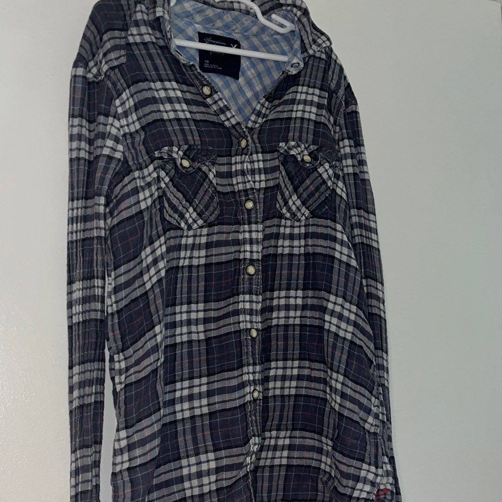American Eagle Outfitters Plaid Button Down Shirt - blue, white & red